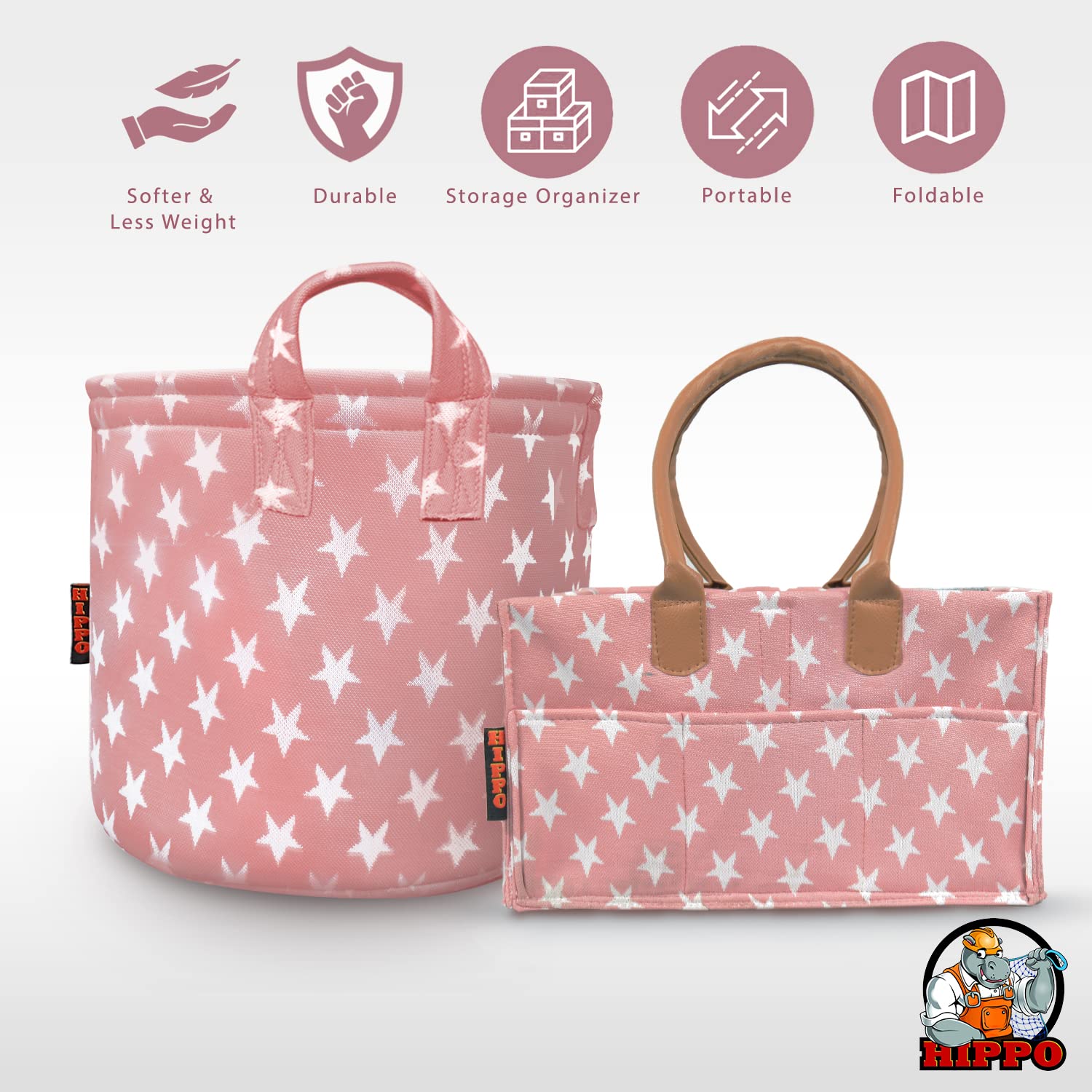 HIPPO 2IN1 Designer Polyester Diaper Caddy & Toy Bin Smart Combo for Newborn Babies Unbreakable Toy Bins Foldable Diaper Bag Large Capacity (Pink-Star, 1) - Image 3 thumbnail