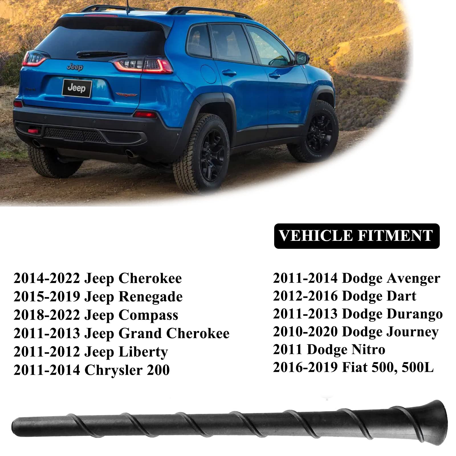 E-Vniko 8'' Inch Roof Antenna Mast Compatible for 2011-2022 Jeep Cherokee Grand Cherokee Dodge Durango Dart Journey Chrysler 200 Replacement Back Rubber Car Antenna 5091100AA 68297936AA