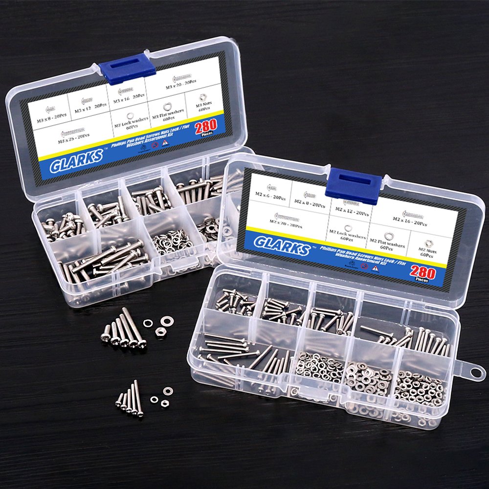 Glarks 510Pcs Flat Hex Stainless Steel Screws Bolts Nuts Lock and Flat Gasket Washers + 560Pcs M2 M3 Phillips Pan Head Stainless Steel Screws Bolts Nuts Lock and Flat Washers Assortment Kit
