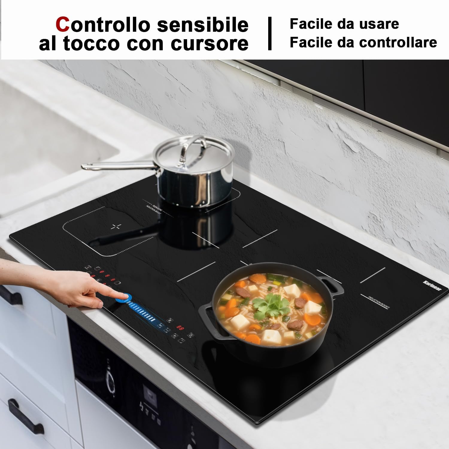 Hand operating the slider control on the Karinear Induction Hob