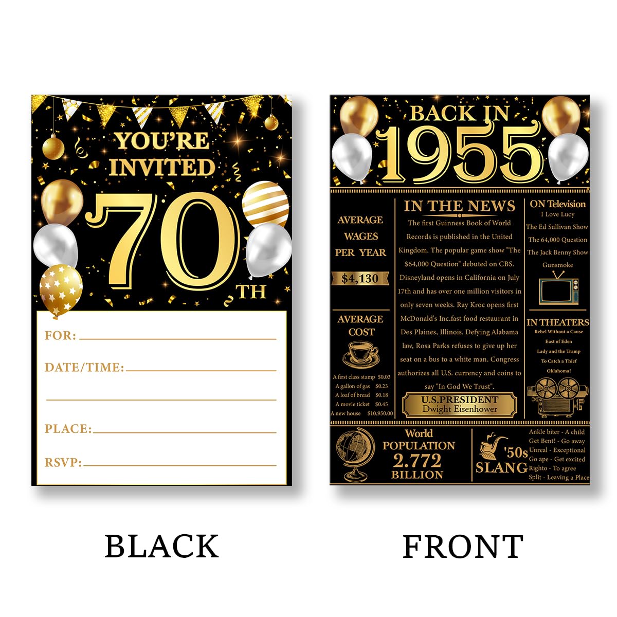 QZJ 70th Birthday Party Invitations for Women Men - Back in 1955 Invites 70 Year Old Birthday Invitations Set (20 Invites and Envelopes)