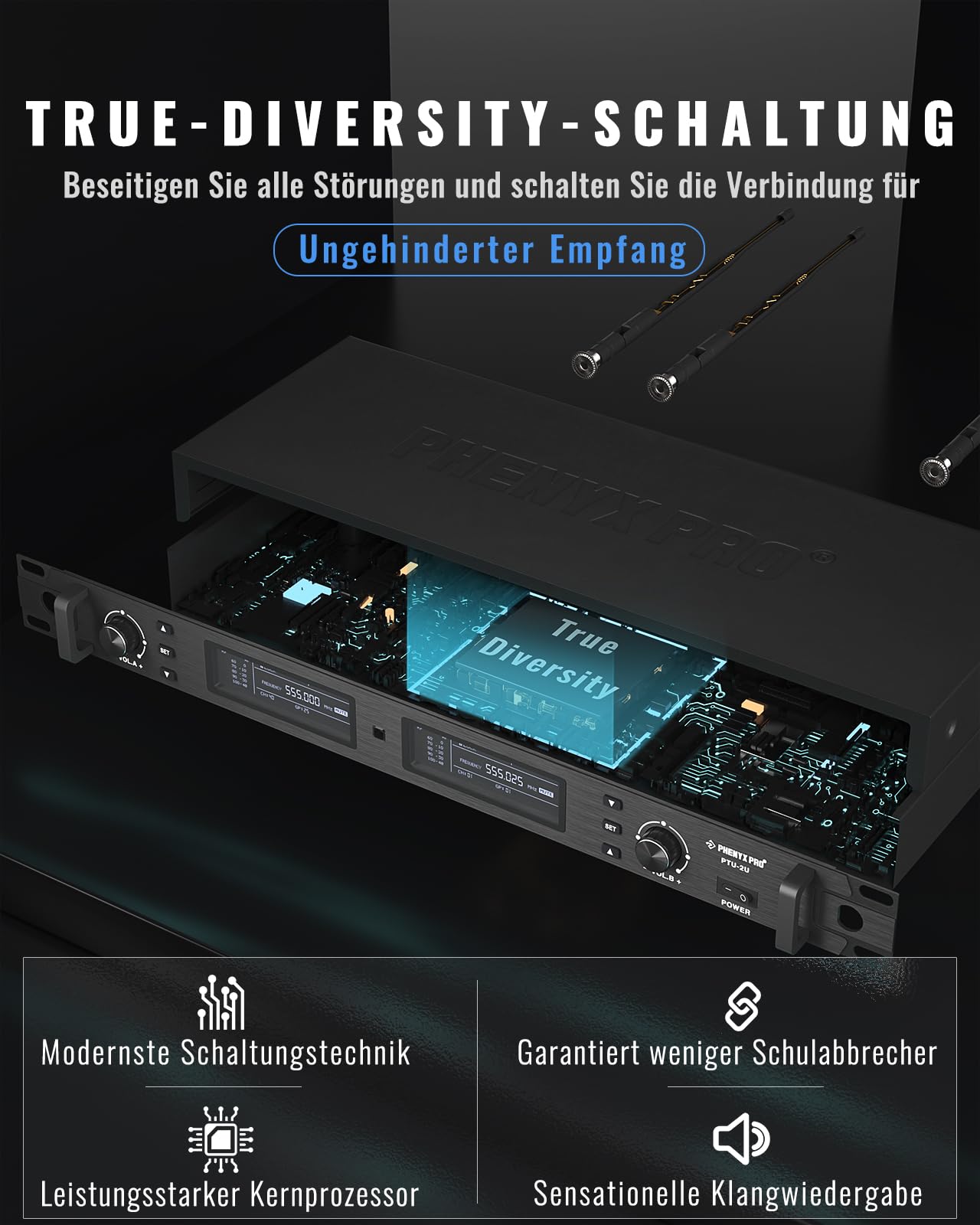 Phenyx Pro Dual UHF True Diversity Funkmikrofon-System PTU-2U-2H | Auto-Scan, 2 x 1000 Kanäle, 328 ft Reichweite, IR-Sync, Dynamische Handmikros, Gesang, Bühnengesang, Studioaufnahme