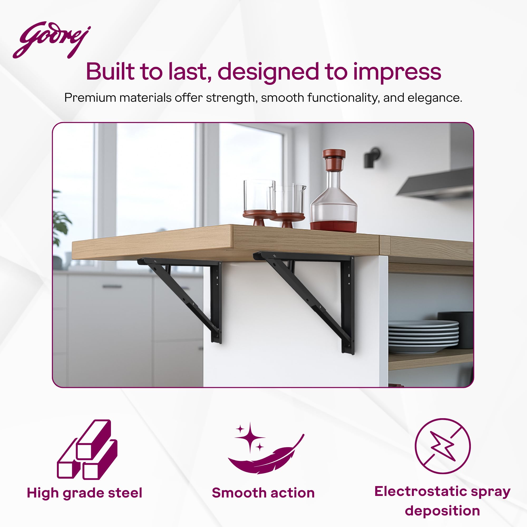 Godrej Furniture Fitting I Wall Mount Folding Table/Shelf Brackets (16 inch / 400mm, 100kg Capacity, 2 Units) ||Steel Fold-Down Bracket for Wall Mounted Tables, Desk with 1 Year Warranty — Amazon image 3