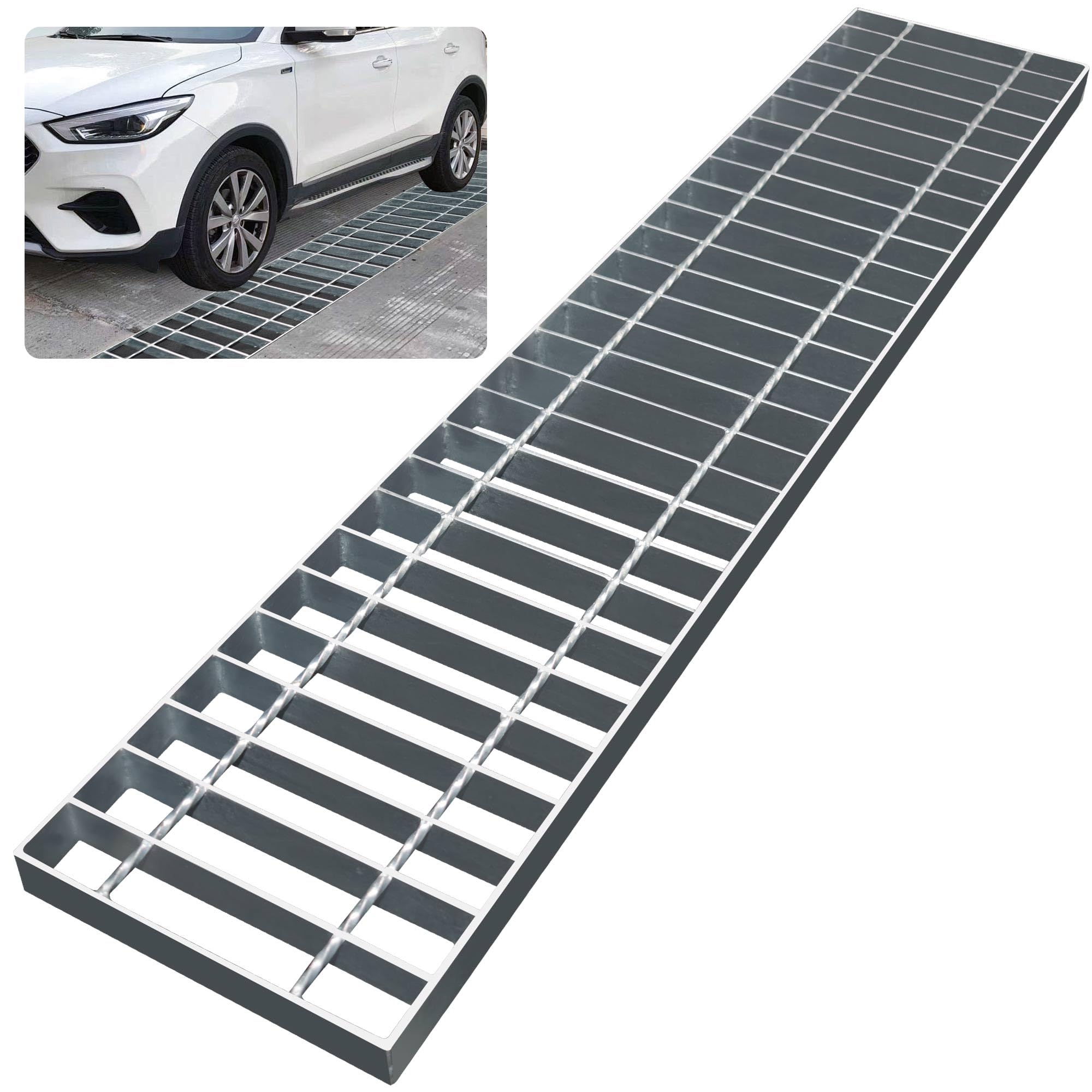 Rejilla de drenaje de acero galvanizado, 39.4 x 9.8 pulgadas, cubierta de rejilla de drenaje de metal al aire libre para garajes, estacionamientos, parques y carreteras de la ciudad
