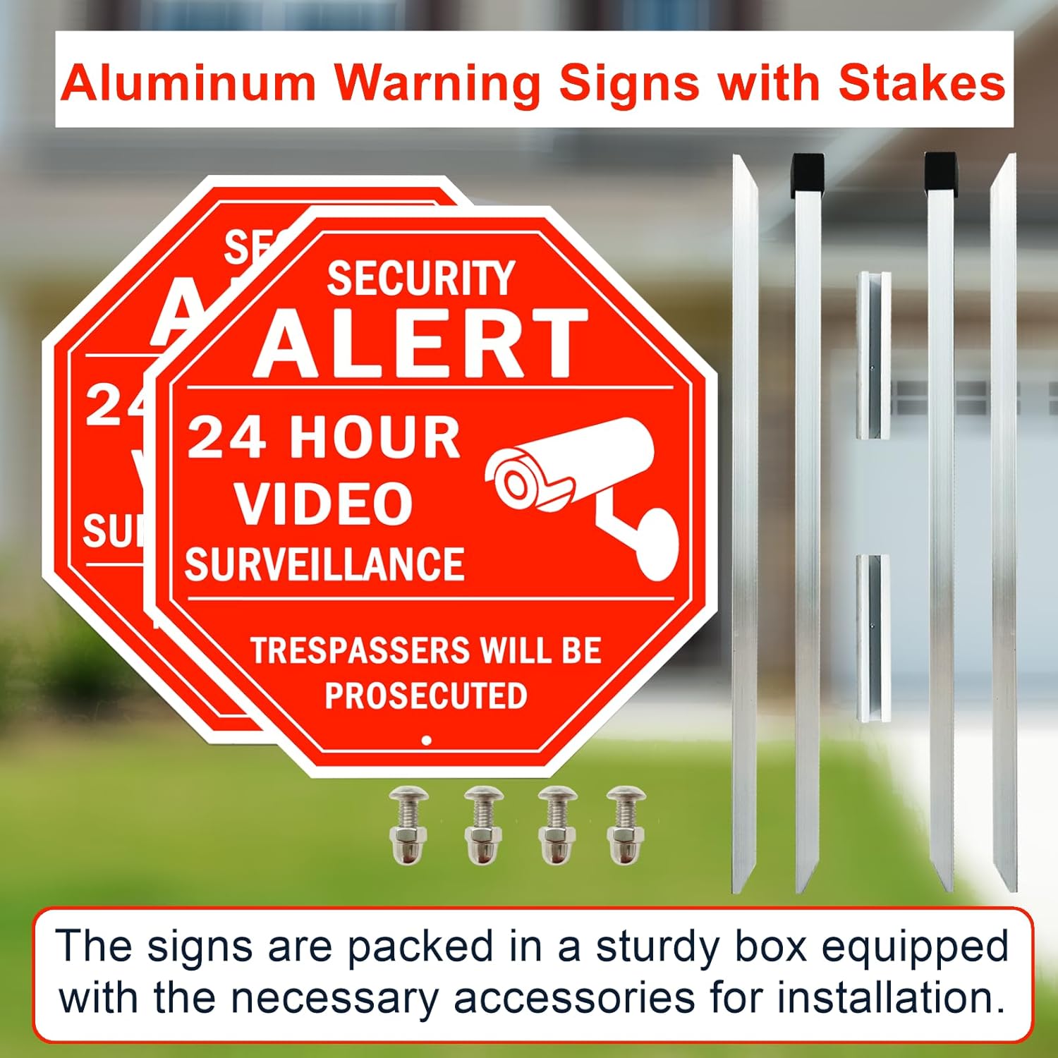 Security Alert 24 Hour Video Surveillance Sign All Activities Are Monitored, Rustproof Aluminum Yard Sign with Stake, Reflective Metal Sign, Red, 10 x 10 inch, 2 Pcs