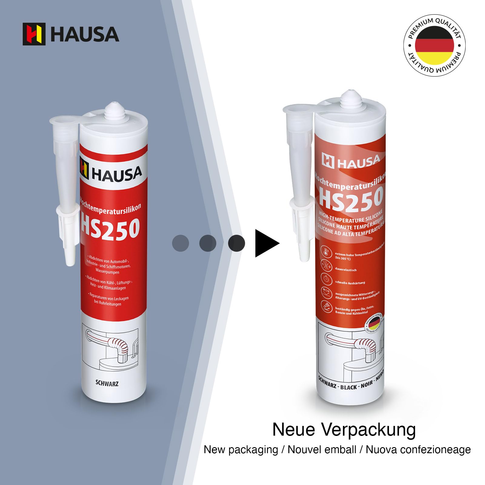 Silicone haute température HS250 Colle et mastic professionnel pour joints pour températures jusqu'à 305°C Étanchéité de moteurs automobiles, industriels et marins 4x310ml (Rouge) HAUSA