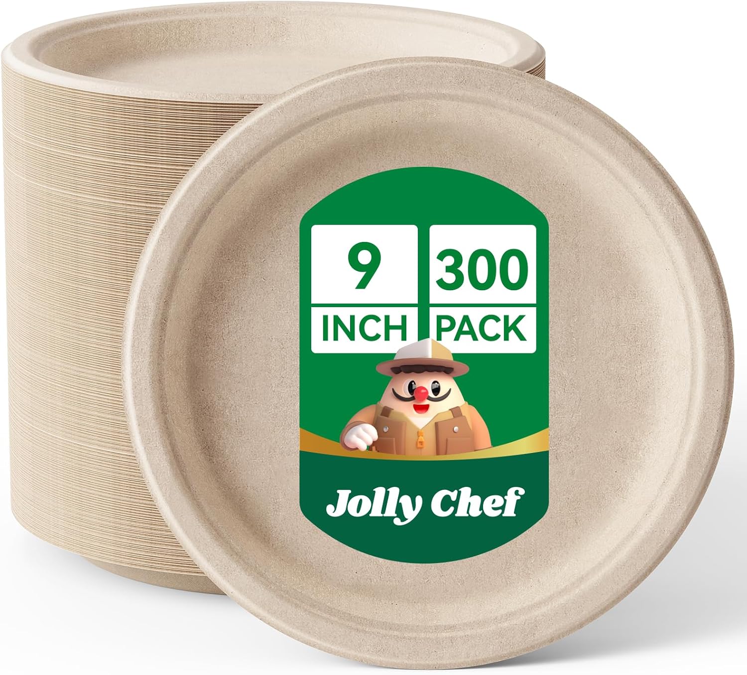 JOLLY CHEF Compostable Heavy Duty Plates 9 Inch [300 Pack] Eco-Friendly Disposable Natural Paper Plates Bagasse Biodegradable Bulk for Party Dinner Sugarcane Fibers Round 300 Count(Brown) 9in-300pack Brown