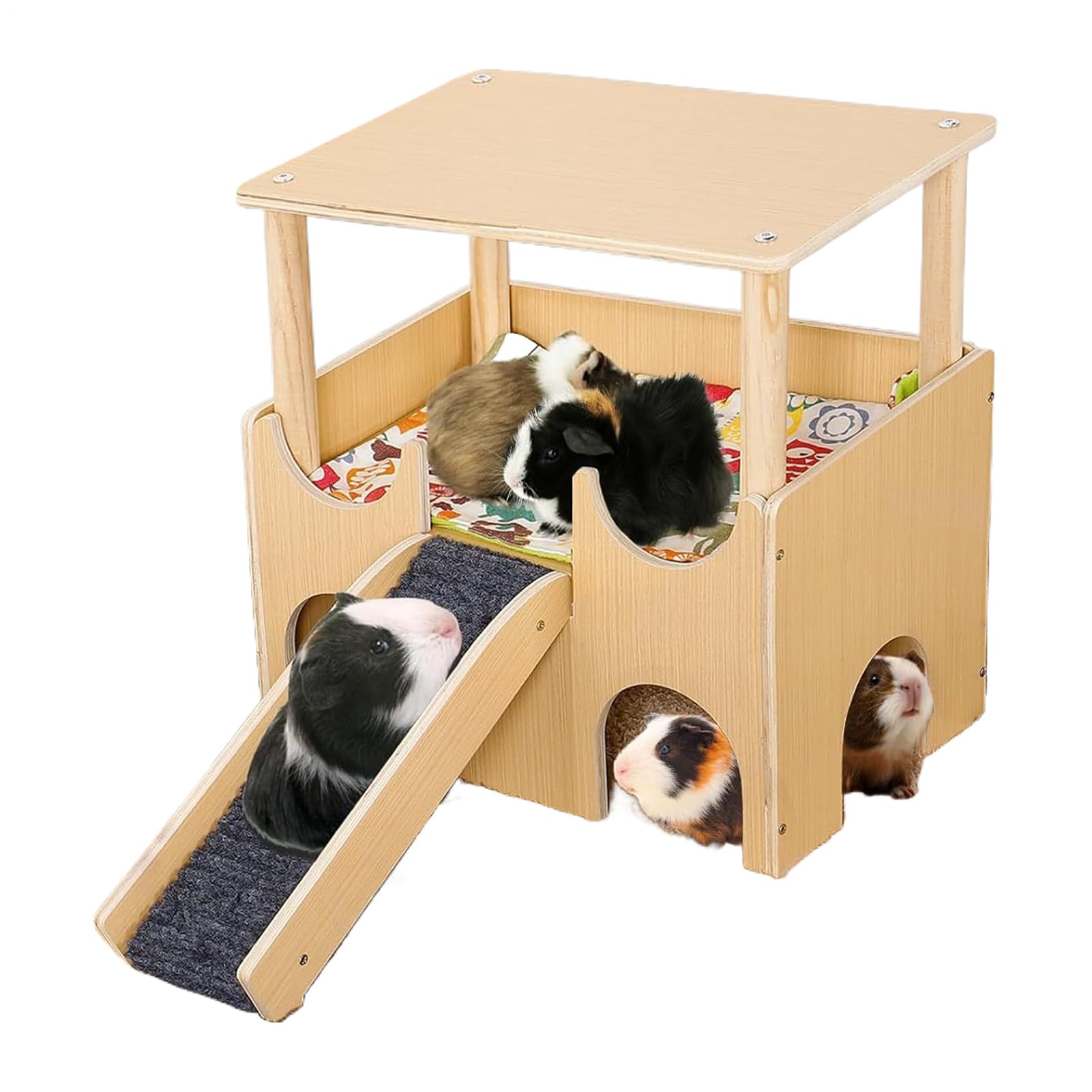 Casetta in legno con piattaforma di gioco, robusta capanna per roditori per cincillà Degus, cavità a due piani con scaletta, legno naturale non colorato con tetto rimovibile per la pulizia, cuccia a U
