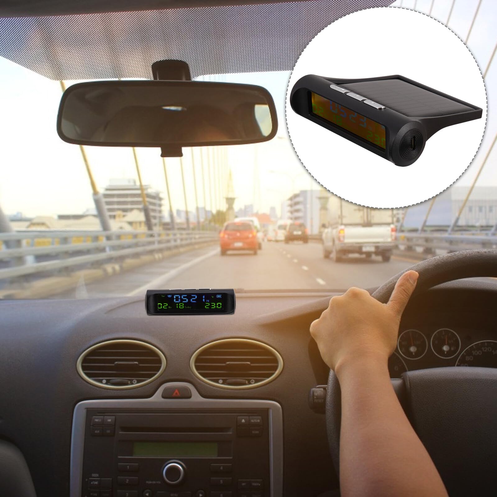 Solar Auto Uhr mit Automatischer und Kalenderanzeige Woche und Temperaturdisplay Gehäuse aus Abs und PC für Fahrzeugarmaturenbrett