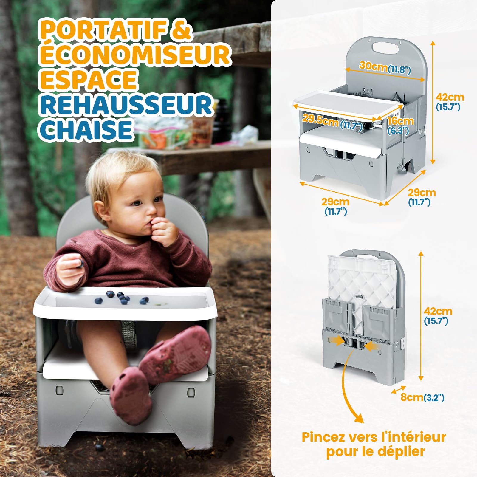 Orzbow Pliable Rehausseur de Chaise Bebe,Stable Chaise Bebe de Table avec Plateau de Repas,Matériau ABS,Construction Robuste,Facile à Utiliser,pour Les Bébés de 36 Mois Maximum et de 15 kg,Gris
