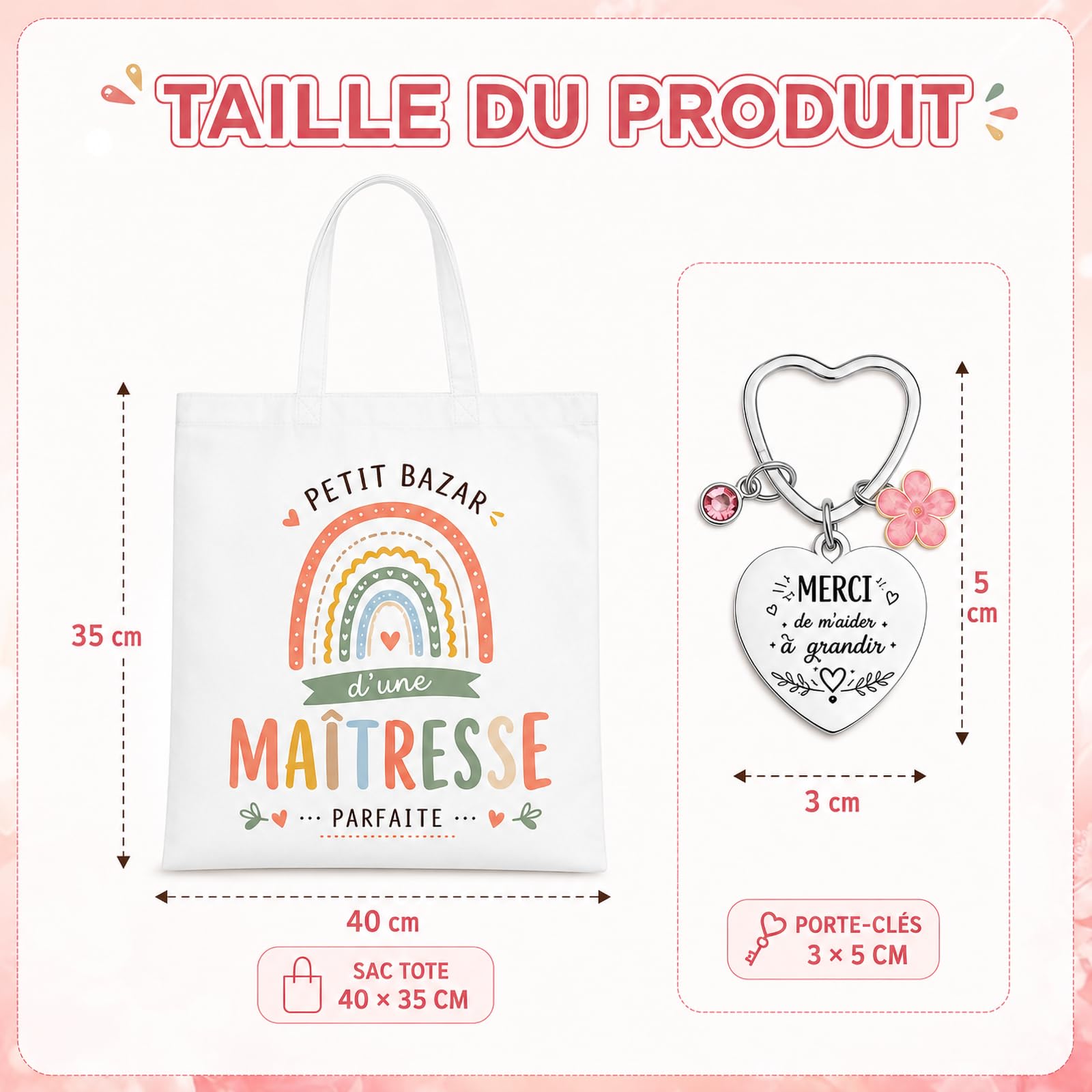 Sac En Toile & Porte-Clés Cœur En Acier Inoxydable Cadeau Maitresse D'École Original