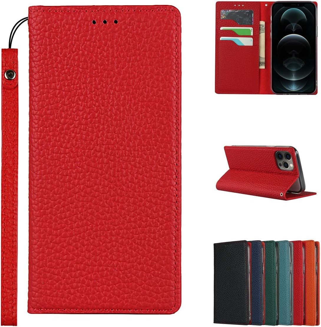 CAVOR Mobile Phone Case Compatible with iPhone 12 Pro Max Case Flip Genuine Leather Wallet Mobile Phone Case 3 Card Slots Magnetic RFID Blocker Flip Case Compatible with iPhone 12 Pro Max - Red