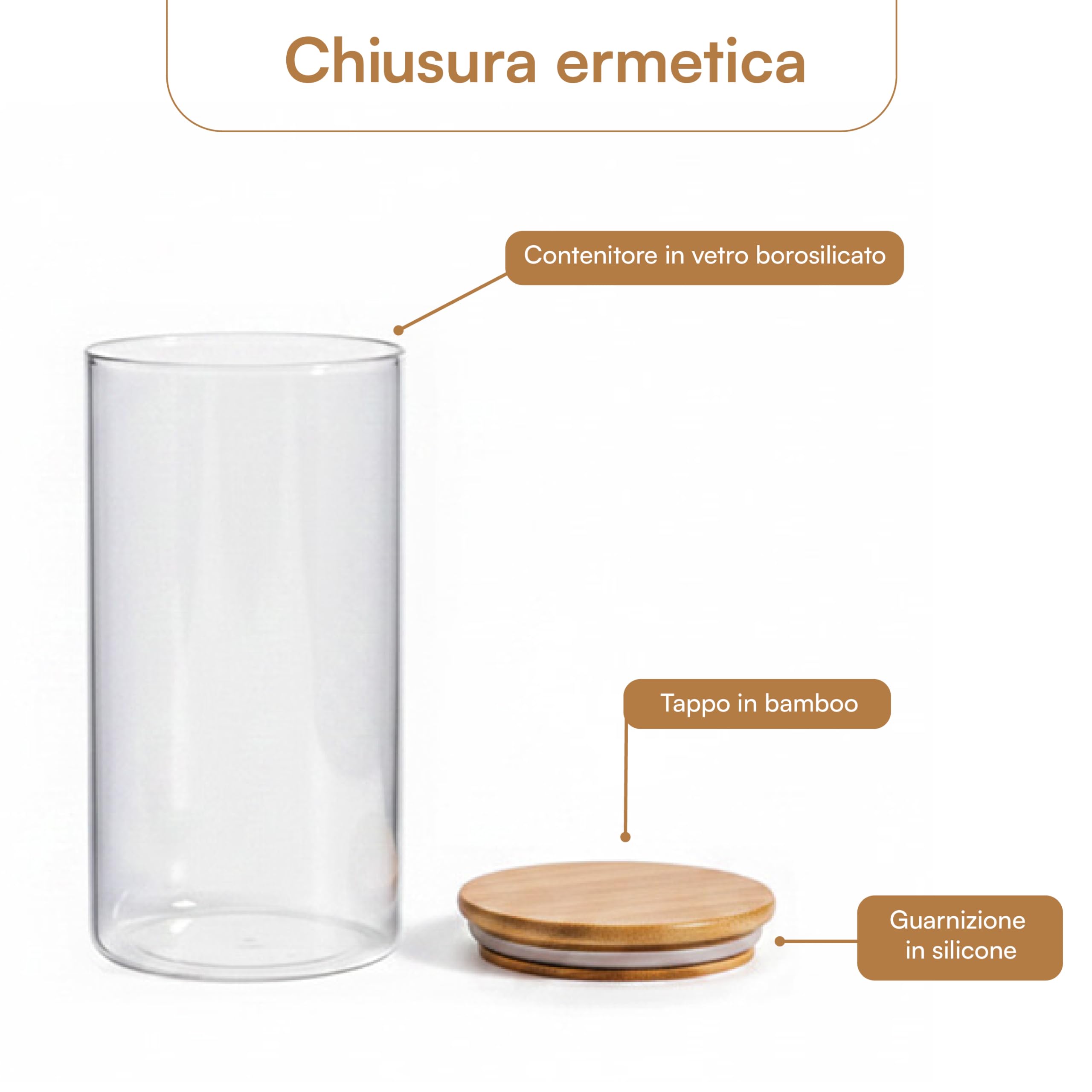 Baroni Home Set 4 Barattoli in Vetro Borosilicato con Tappo in Bamboo, 1.2 L Contenitori Alimentari Ermetici Lavabili in Lavastoviglie, Design Minimal, 20 cm