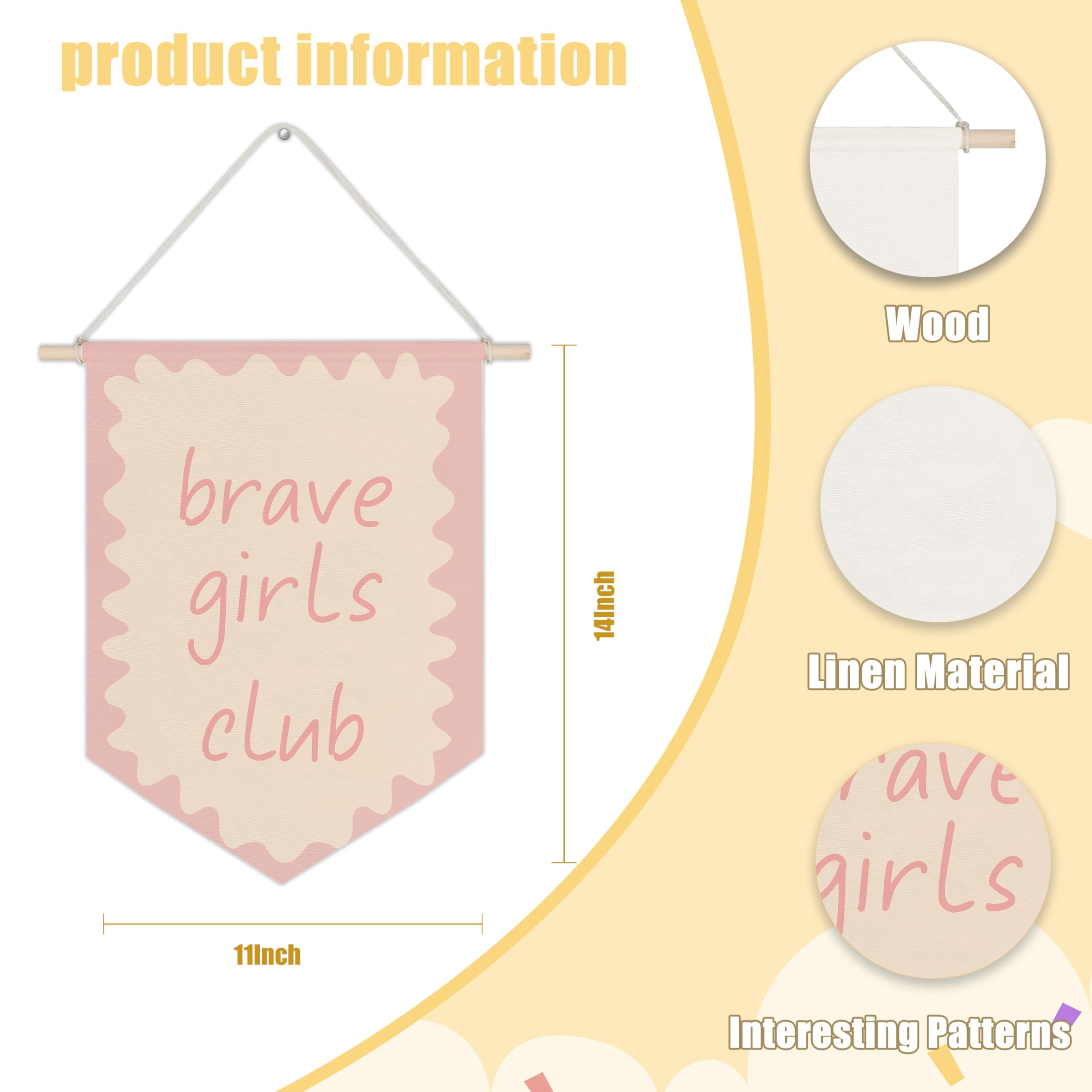 WUCHJ Girl Nursery Canvas Wall Banners, Brave Girls Club Pink Preppy Hanging Display Pennant Flags, Preppy Girly Wall Decor for Girls Nursery Toddler Room Bedroom Dorm Playroom 11x14 Inch