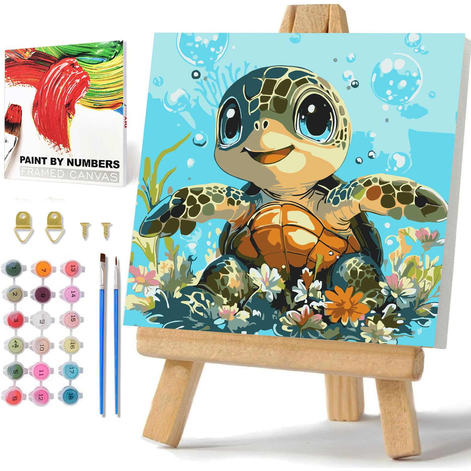 Daisen Art Seeschildkröte Malen Nach Zahlen Kinder mit Rahmen und Box, Seeschildkröte Paint by Number Kids, Malen Nach Zahlen Kinder ab 9 10 11 12 mit Kasten und Staffelei 20x20cm