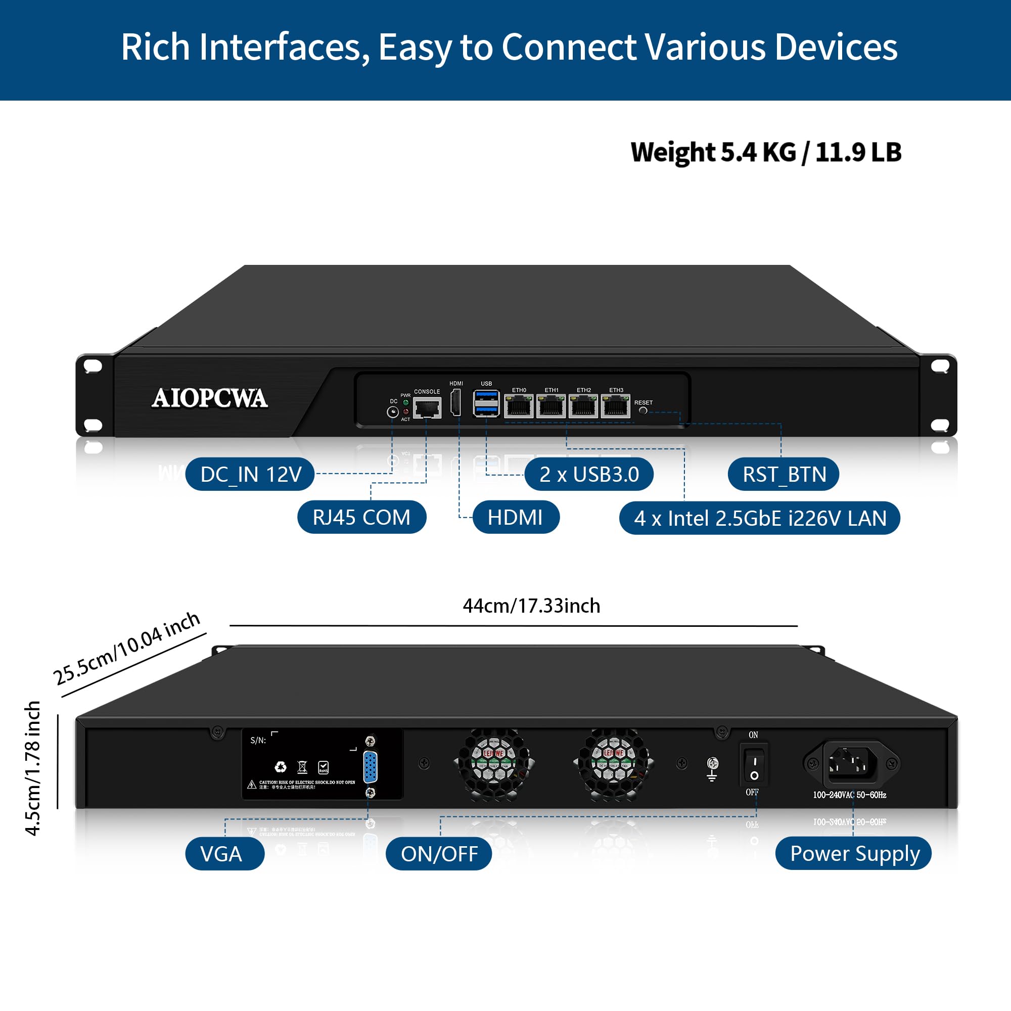 1U 19" Rackmount Firewall Appliance, N3160 Mini PC, 4 x 2.5GbE i226-V LAN, OPNsense Router, HD/VGA, SIM Slot, USB 3.0, RJ45 COM, AES-NI, DDR3 Barebone No RAM/SSD/OS
