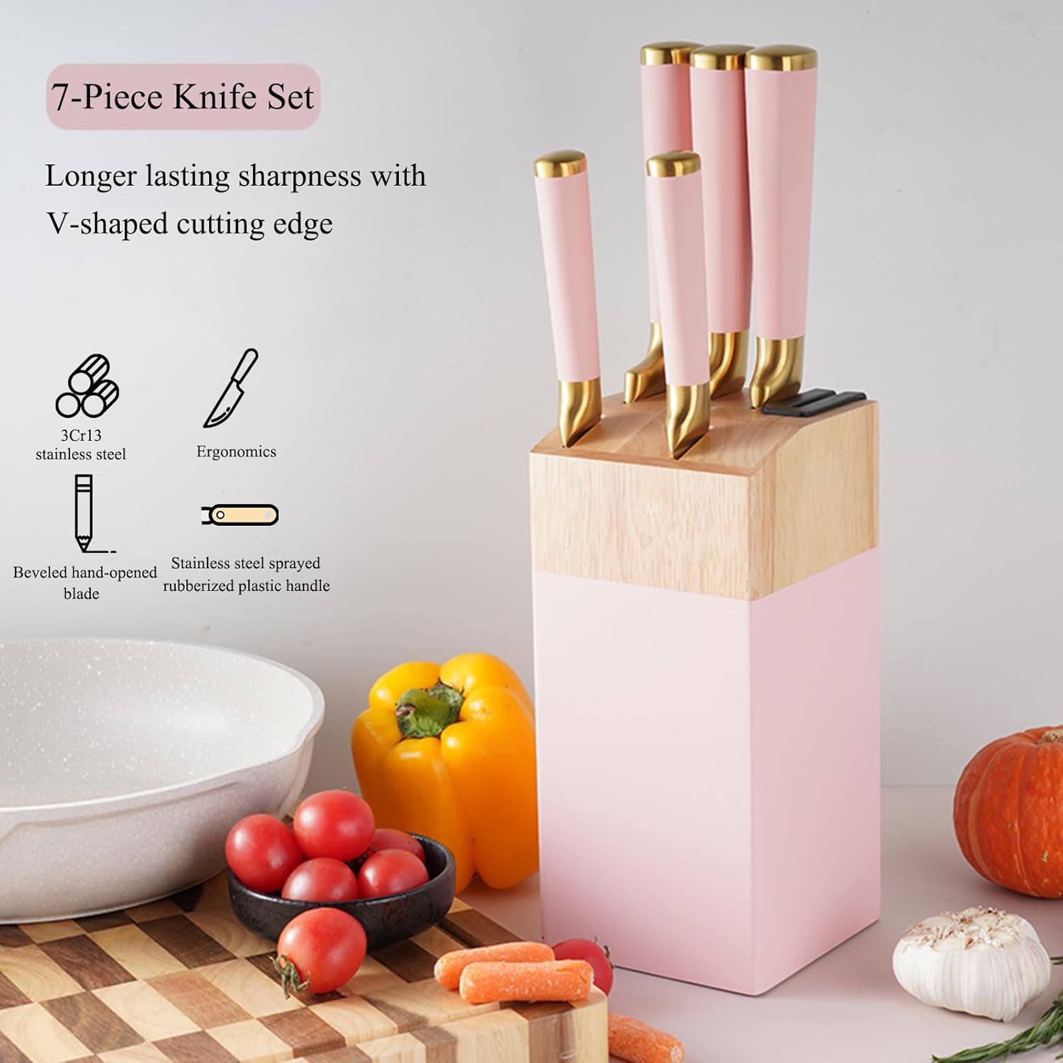 Gold Pink Kitchen Knife Set，7Pcs Gold Titanium Coated Dishwasher Safe Knife Block Sets,Wooden Block with Built-In Sharpener,Housewarming Gift for Women Home Kitchen
