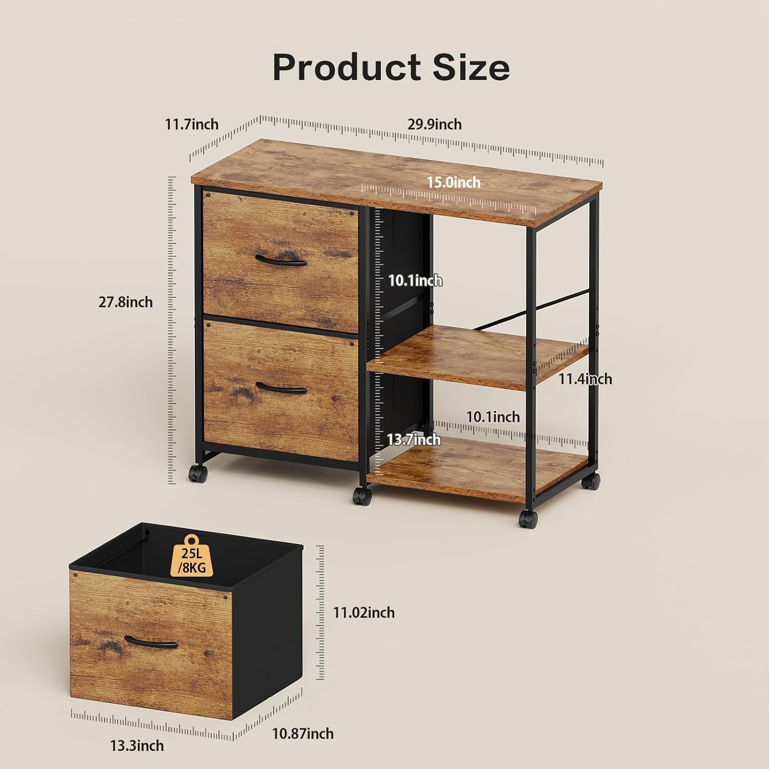 2-Drawer Fabric Lateral File Cabinet with Wheels, Rolling Printer Stand with Open Storage Shelf for Home Office, Rustic Brown