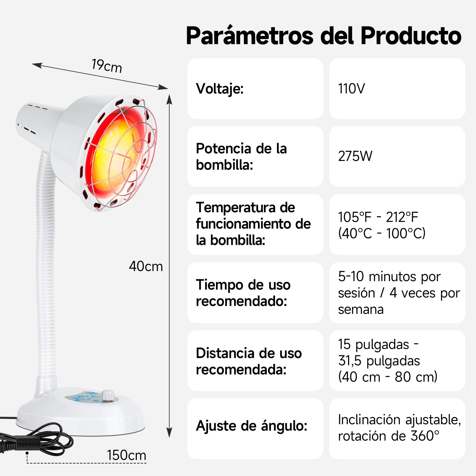 Lámpara Calefactora de Luz Roja de 275 W, LáMpara de In-Frarrojos con Base | Diseño flexible con cuello de cisne de 360°, equipada con un botón de regulación continua que permite ajustar la temperatura