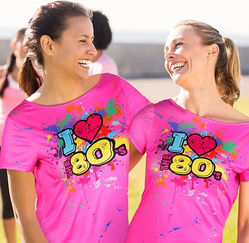 Miniatura 4 de Geyoga Traje de los años 80 para mujer, talla grande, disfraz de los años 80, con hombros descubiertos, camiseta de neón de gran tamaño, Rosa Rojo