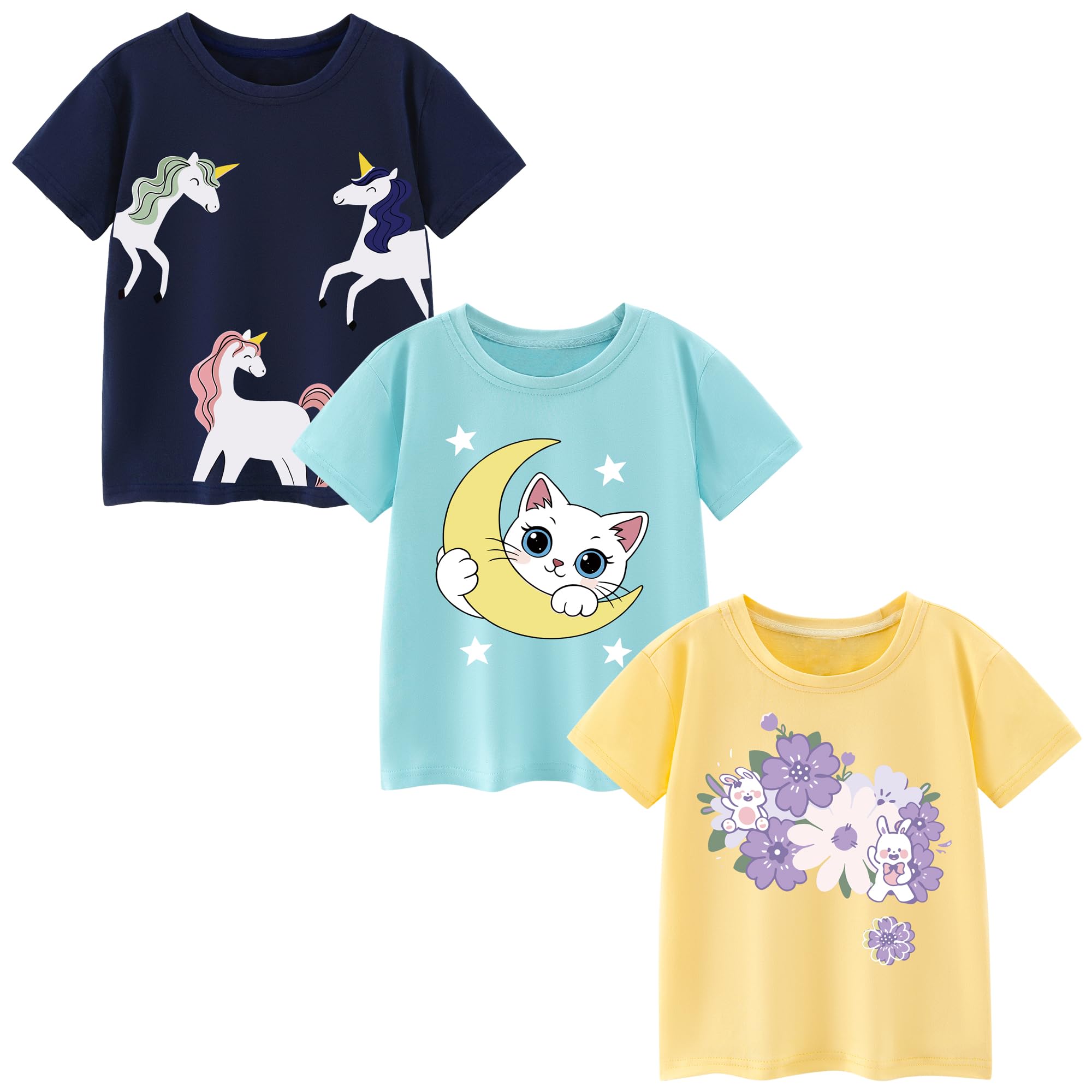 Camisetas de Manga Corta Niñas, Camiseta Algodon para Niña de Verano, Cuello Redondo T-Shirts Moda Informal Tops para Niños 3-8 Años