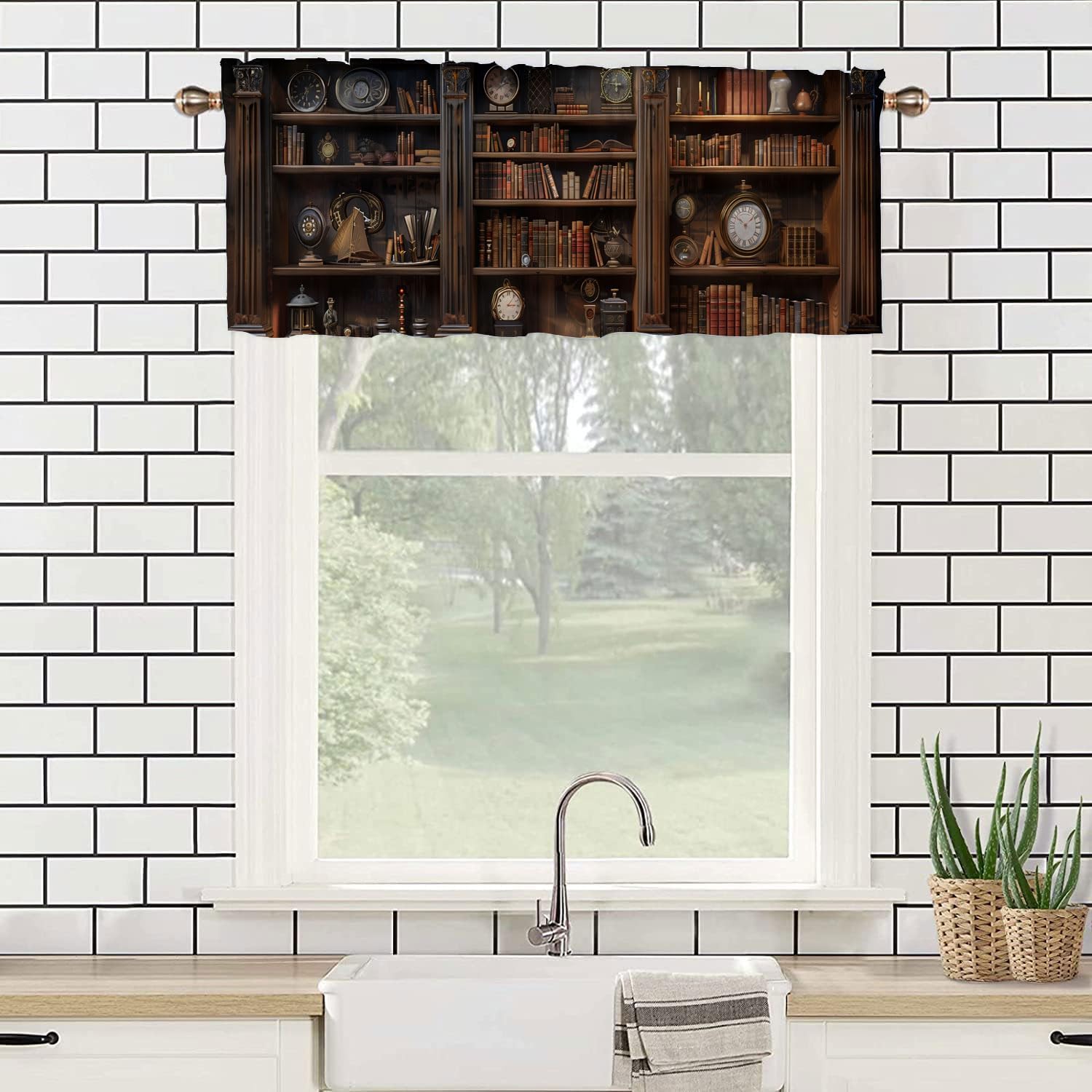 Bookshelf Kitchen Curtain Valance Bookcase Books Brown Wood Bookshelves Decorative Decoration Window Valances Curtains Drapes for Kitchen Bedroom 2 Pack 52x 18 inch
