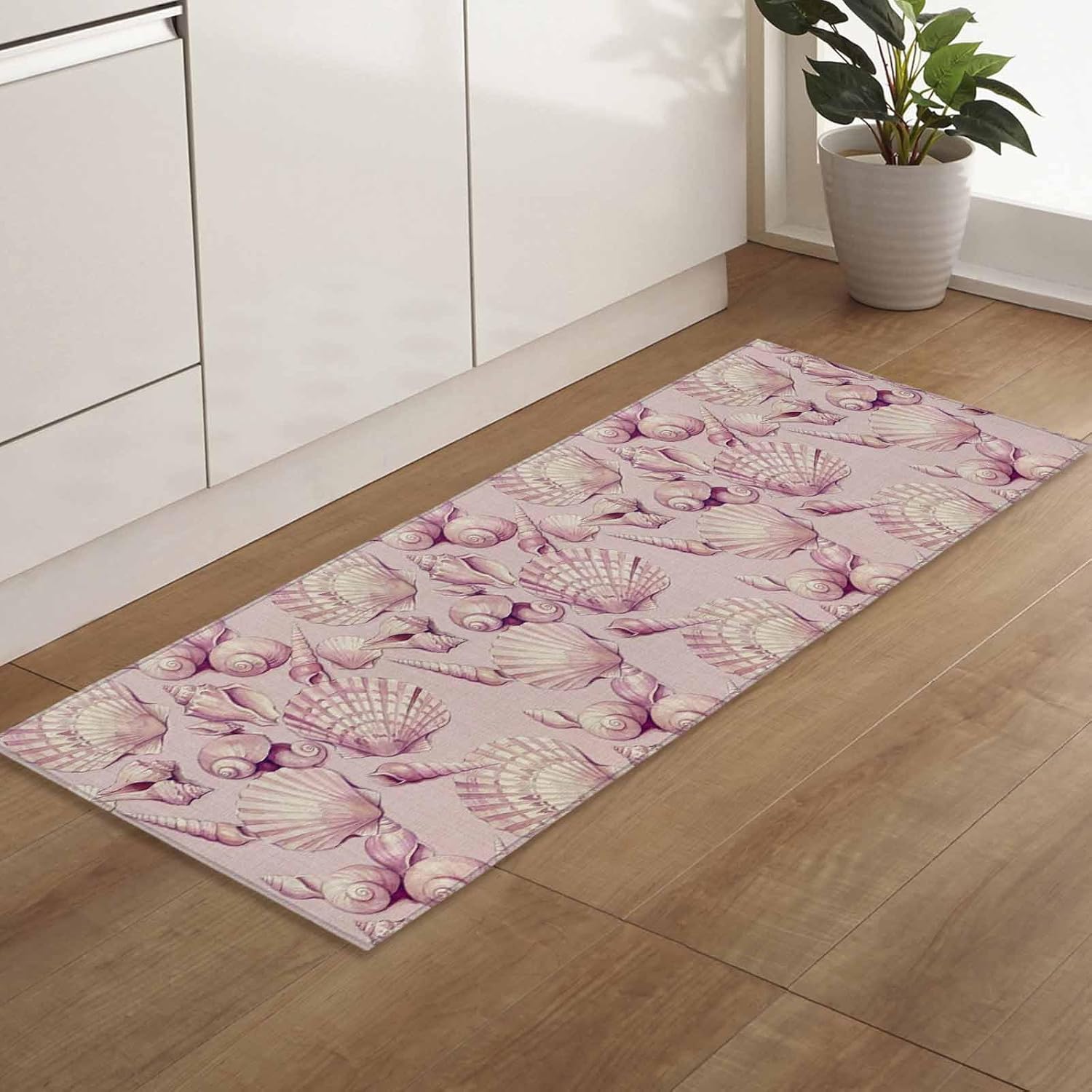 Kitchen Mats for Floor Summer Ocean Conch Shell Washable Non Slip Kitchen Rugs 1PCS, Pink Marine Creature Linen Texture Absorbent Standing Mats for Sink Bathroom Office Living Room 15.7x47.2in