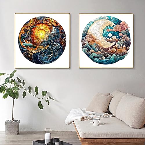 Miniatura 6 de Rompecabezas de madera de 2 piezas, rompecabezas de sol y luna para adultos, rompecabezas de corte de madera de forma única, el mejor regalo para