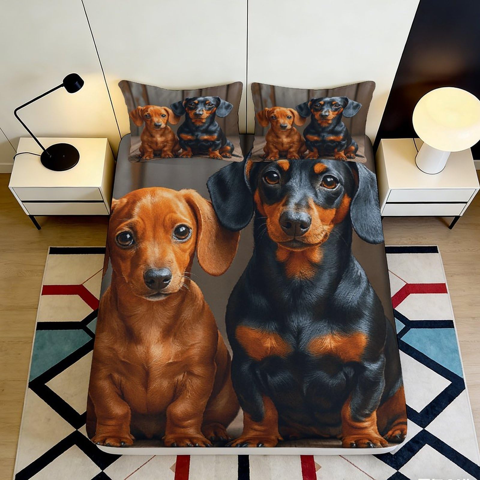 3D Printed Dachshund Dog Fitted Sheet Microfiber Non Slip Cartoon Puppy Mattress Cover Machine Washable for Bedroom Dorm Decor 90x200x25cm