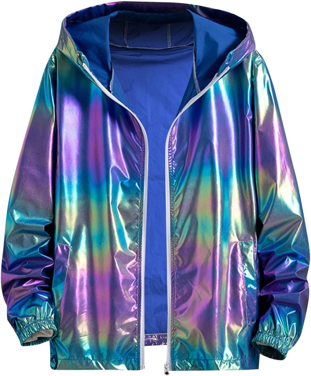 Men's Hooded Jackets Gradient Sparkles Transition Jackets Shiny Metallic Leisure Jackets Shining Outdoor Jacket Shiny Winter Jacket Loose Training Jacket