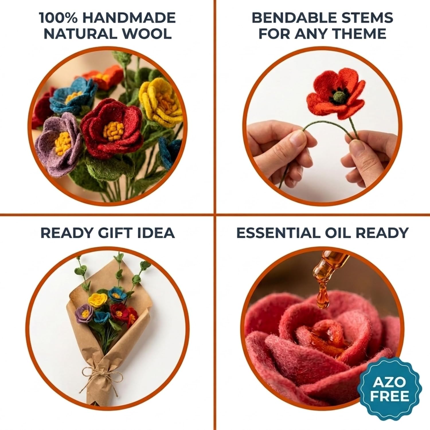 Glaciart One Wool Felt Flowers Set – Handcrafted Artificial Arrangement with Colorful Stems, Eco-Friendly Material, Essential Oil Ready, Reusable Decor, Washable Gift for Events or Home image 4