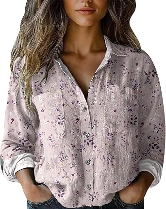 Womens 3/4 Sleeve Boho Tops Vintage Retro Floral Print Shirts Loose Fit Lightweight V Neck Button Down Blouses