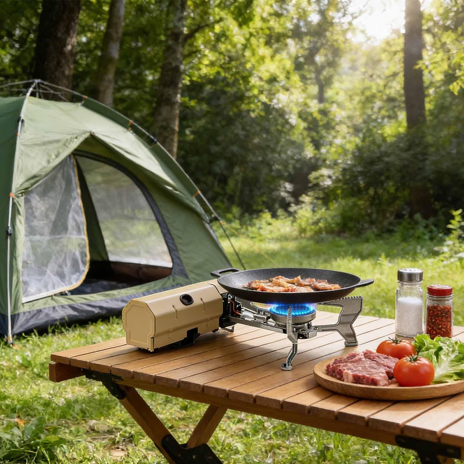 Réchaud de camping pliable | Brûleur à gaz compact 2600W | Compatible cartouches butane standard | Idéal randonnée, pique-nique, urgence(Khaki)