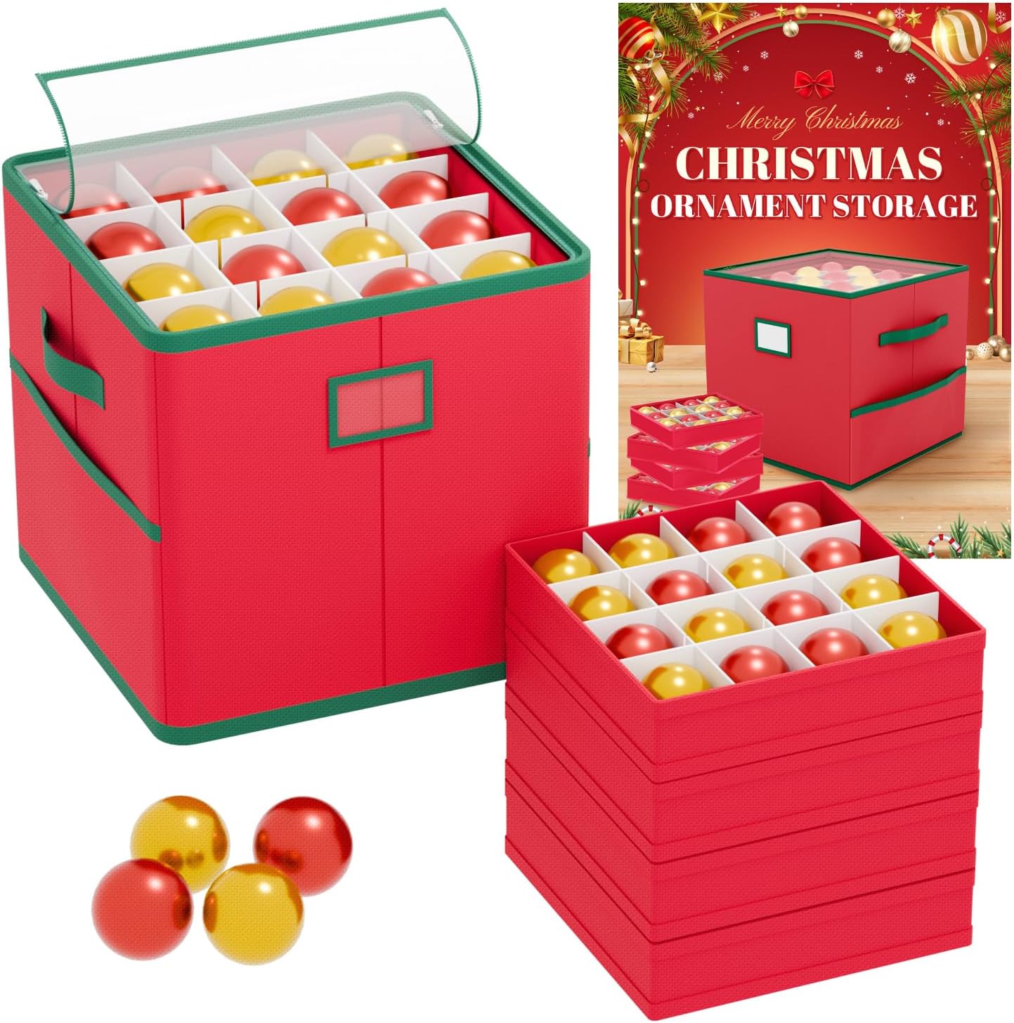 Christmas Ornament Storage Box with Dividers Fits 64 Holiday Ornaments 3 Inches Top Clear Christmas Storage Container with 4 Separate Trays Dual Zippers Red Holiday Ornament Storage Box Bin 64 Ornament Red