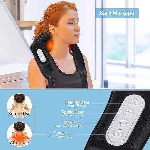 Miniatura 4 de BIBIRE Masajeador de cuello con calor, masajeador de hombros Shiatsu inalámbrico de tejido profundo con 6 nodos de amasamiento para espalda, cuello,