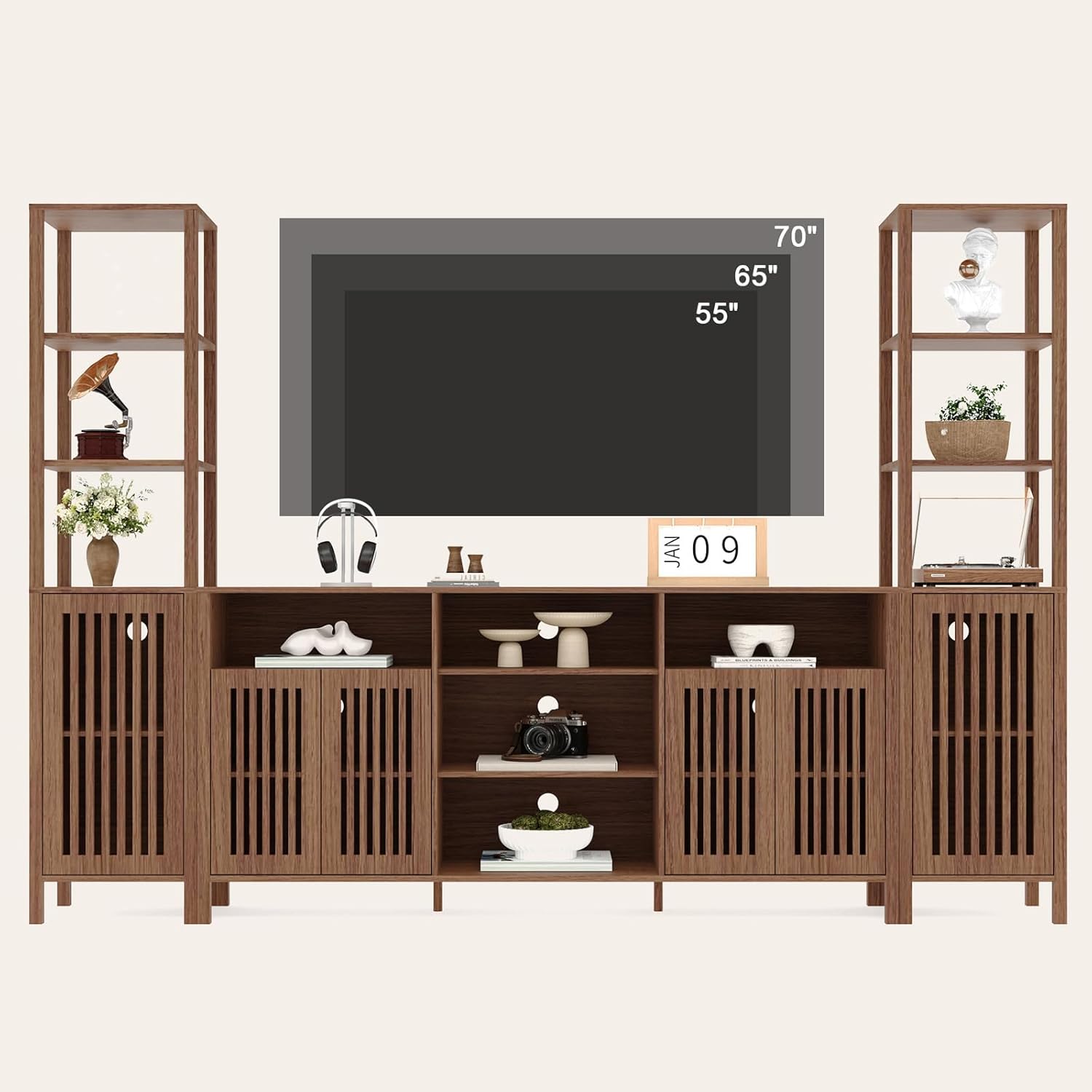 3-Piece Large TV Stand with Bookshelves for TVs Up to 70", Farmhouse Entertainment Center with Shelves, 70 Inch Media Console Table for Living Room & Home Theater