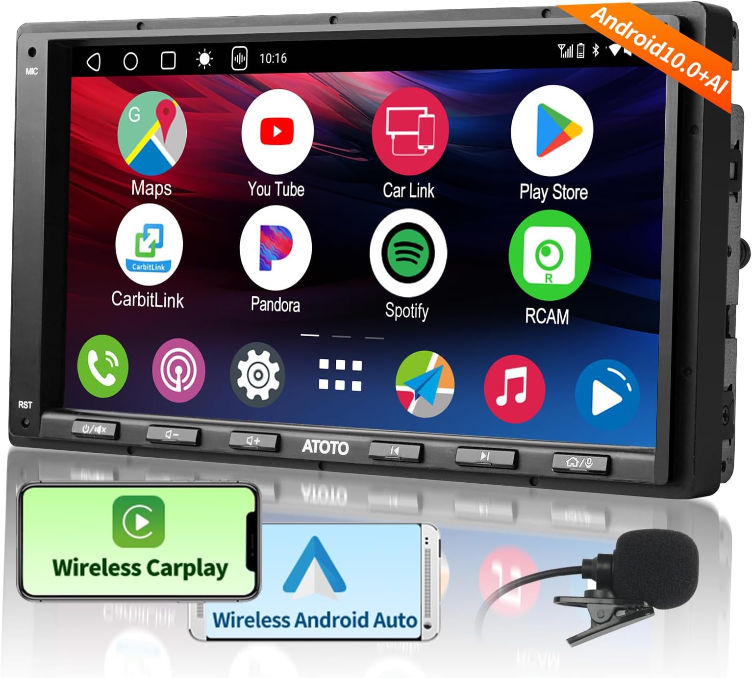 A6G2A7PF Double Din Car Stereo with Wireless Apple CarPlay & Android Auto, 7" IPS Touchscreen Head Unit Car-Play, GPS Navigation, AI Chat, Bluetooth/WiFi, Subwoofer Support, 2GB+32GB TF Card