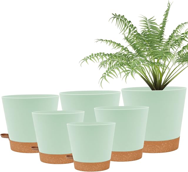 wintfarm 6 Pack Plastic Plant Pots Indoor, 8/7/6.5/6/5.5/5 Inch Modern Self-Watering Planters for Plants, Flower Pots with Drainage Holes and Trays(Green)