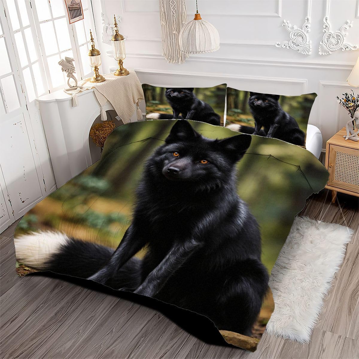 3 sztuki Kołdra 220 x 240 cm Czarny Lis Dziecko, Versátil Kołdra 4 pory roku 2 poszewki na poduszki 65 x 65 cm, Estilo Moderno Dwustronna Poszwa na kołdrę Sin Para 2 osoby_20509a
