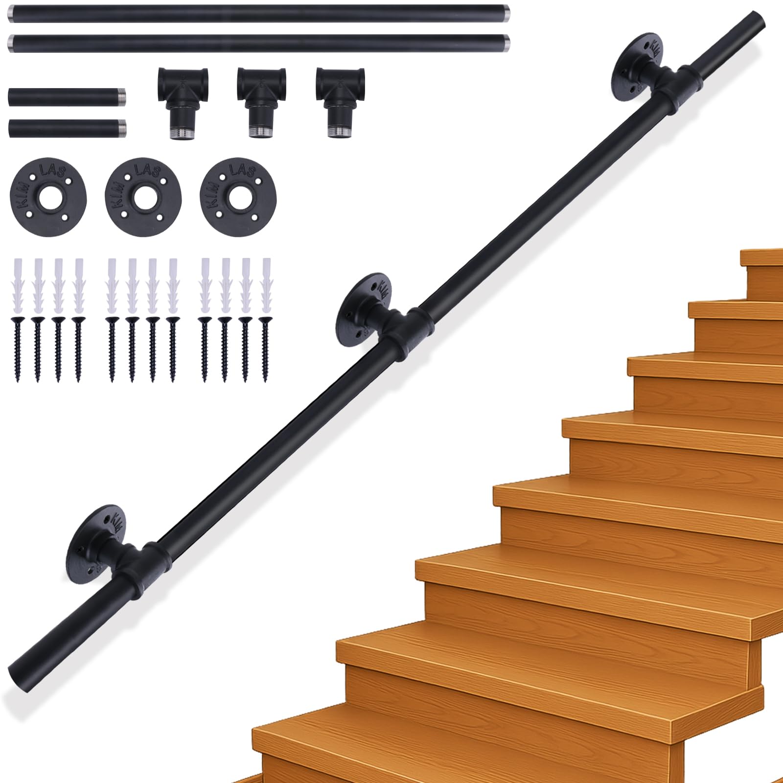 Xyxu Handrails for Stairs, 2.4M Black Banister Handrail Indoor Outdoor Hand Rails for Stairs, Non-Slip Industrial Style Grab stair Hand rails for Elderly with Wall Mounted Fittings –Smooth Welded Ends — image 1