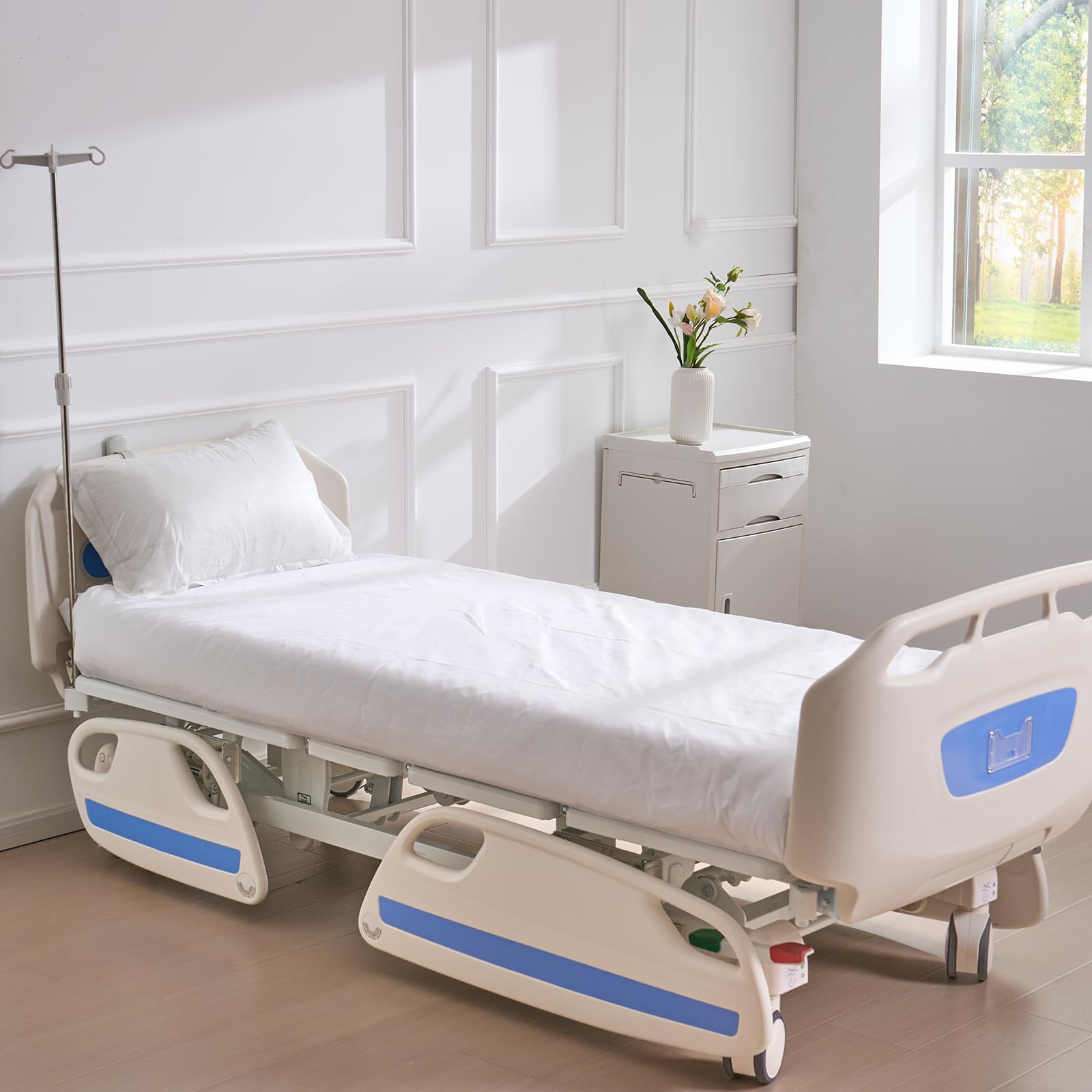 VEVOR Letto Ospedaliero 5 Funzioni, Letto Terapia Intensiva Medica Elettrico con Cuscinetto Trendelenburg Contro-Trendelenburg, Rotelle Bloccabili, Supporto per Flebo per Uso Ospedaliero Domestico