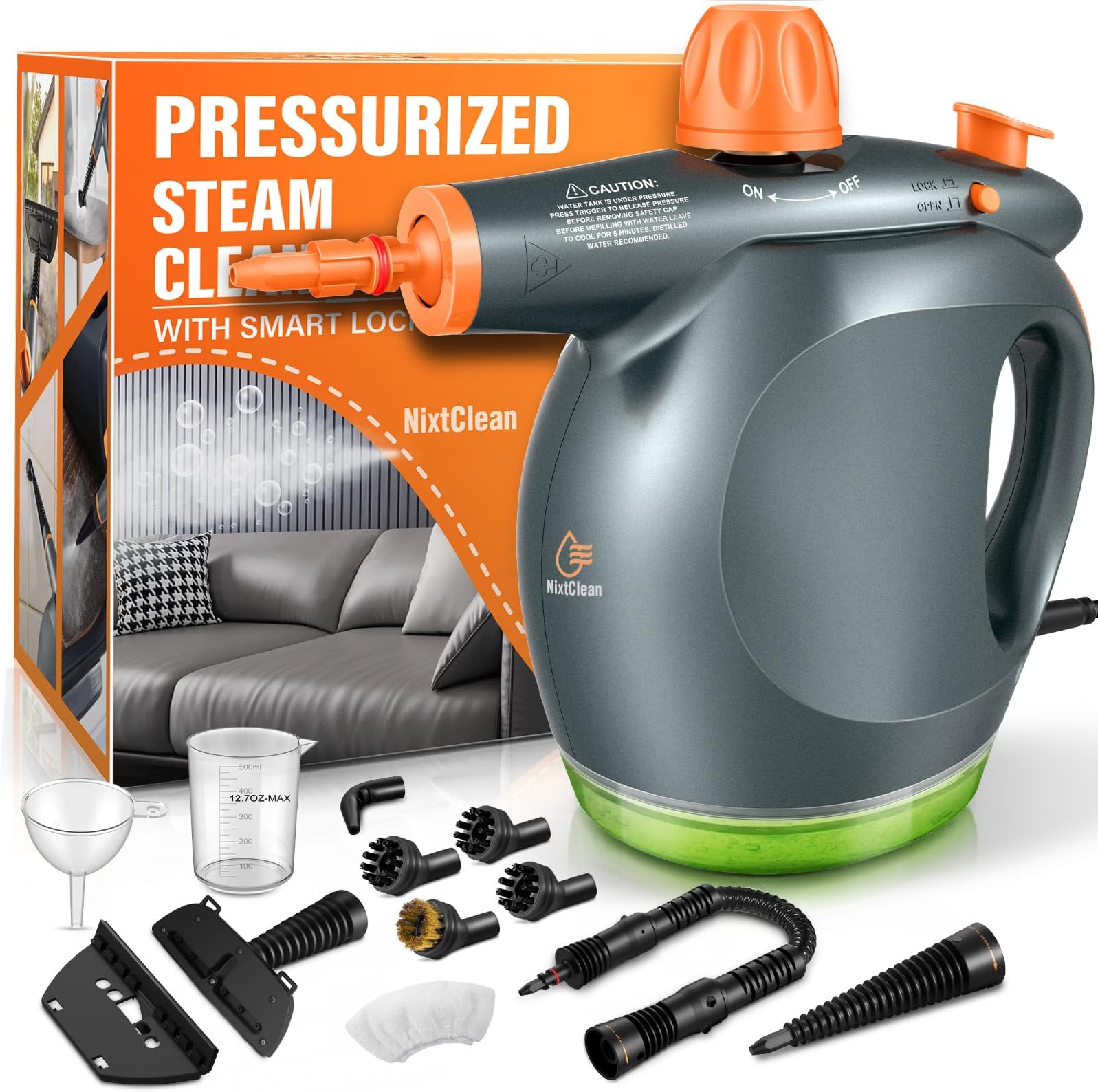 1250W Powerful Handheld Steam Cleaner with Detergent Container and Safety Lock, Multifunctional and Pressurized Hand Held Steamer for Kitchen, Bathroom, Windows and Floors, Steamer for Cleaning