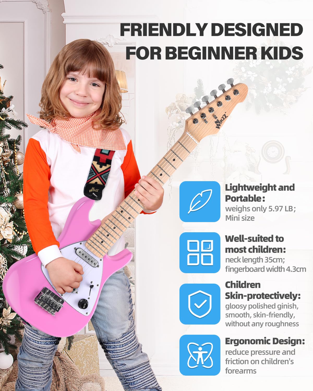 Winzz Kit de Guitare Électrique pour Enfants de 30 pouces, Guitare Électrique Mini Junior 1/4 pour Enfants, Ensemble Complet pour Débutants avec Amplificateur, Couleur Rose Brillant