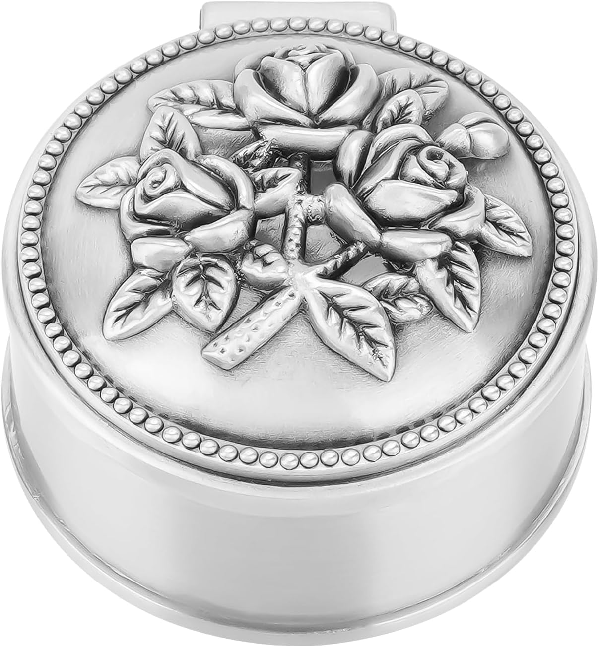 CAIRIAC Vintage Metal Treasure Chest Trinket Jewelry Box for Ring Earring Necklace Diamond, Circular Shape Metal Treasure Chest for Women Birthday Anniversary Christmas Gift (1Pcs, Silver)