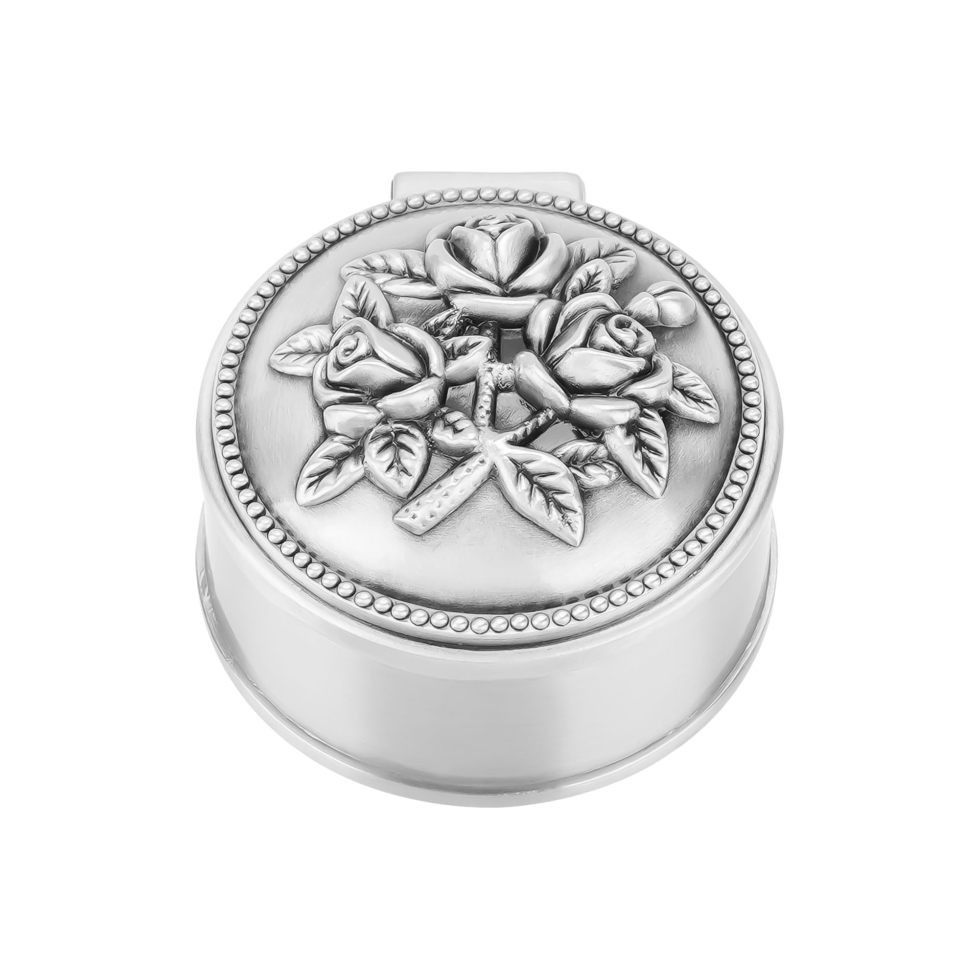 CAIRIAC Vintage Metal Treasure Chest Trinket Jewelry Box for Ring Earring Necklace Diamond, Circular Shape Metal Treasure Chest for Women Birthday Anniversary Christmas Gift (1Pcs, Silver)