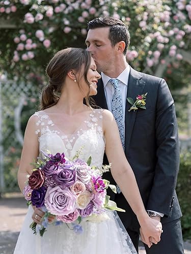 Vista 17 de White Rose Artificial Flowers Fake Flower Bulk with Stems for DIY Wedding Bouquet Bridal Baby Shower Centerpiece Table Decorations Silk Faux Floral