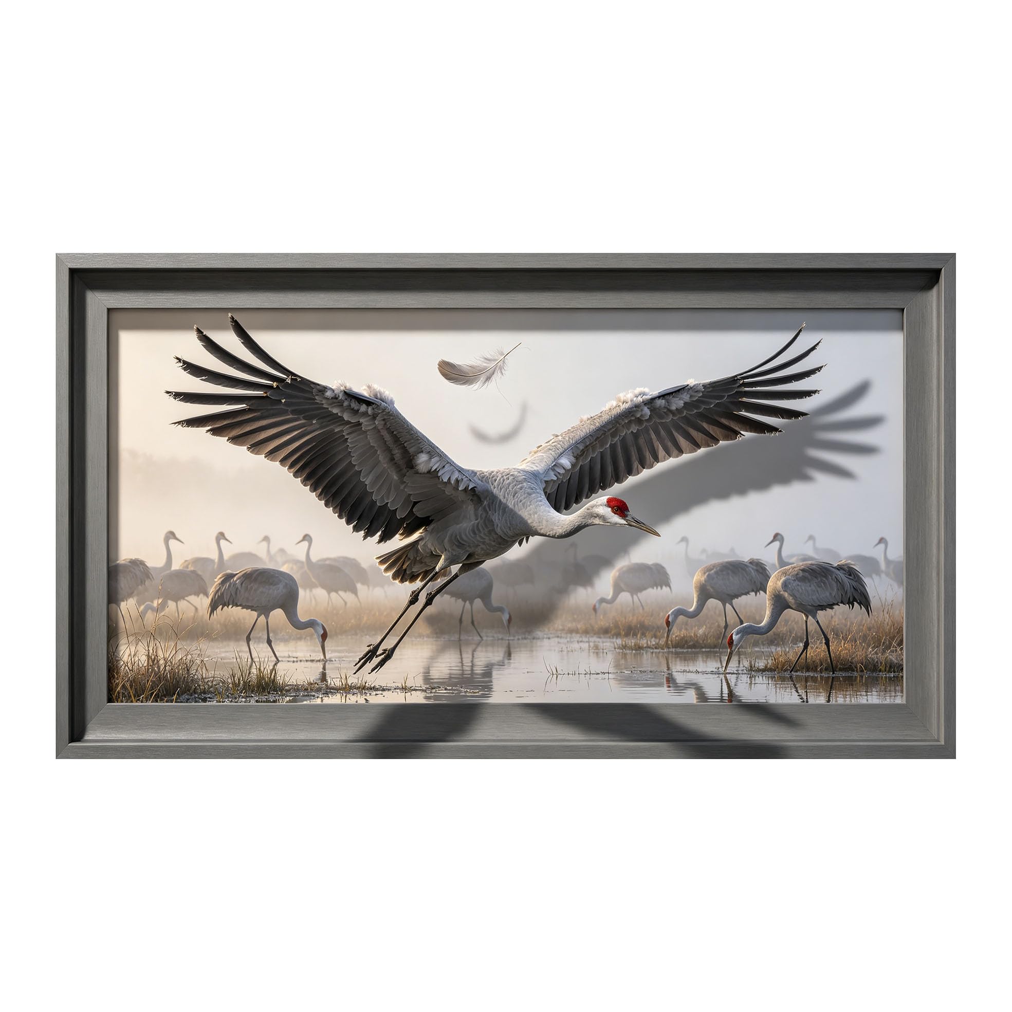 Yzpallescene 3D Framed Wall Art 50cm×100cm Flying Crane Wetland Wildlife Nature Landscape Realistic Large Size SelfAdhesive Removable Wall Decor Prints Artwork for Living Room Bedroom Office