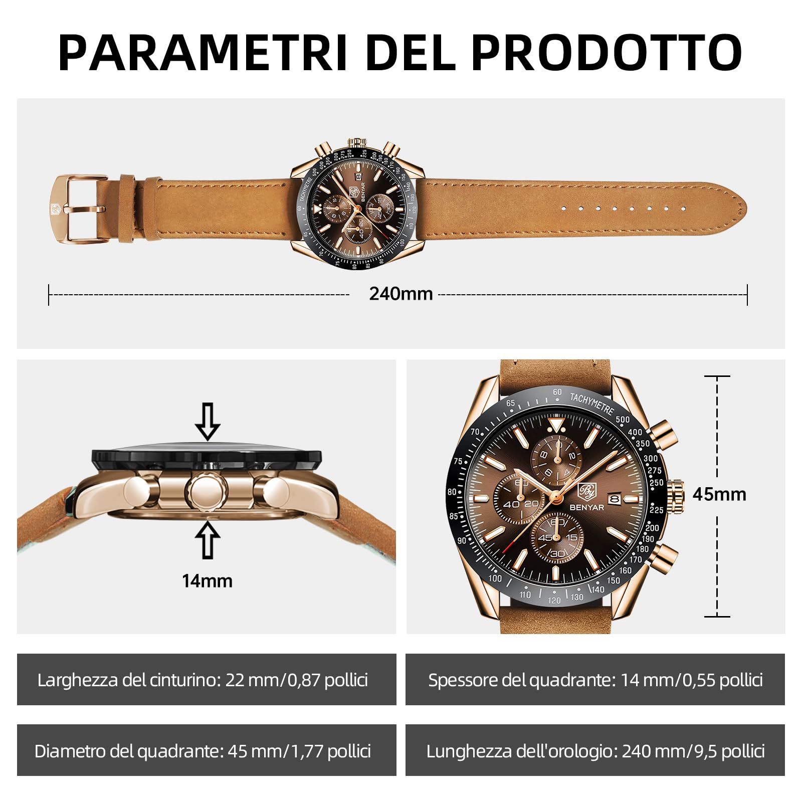 BENYAR, Orologi Uomo, Movimento al Quarzo, Cronografo, Cinturino Pelle/Acciaio/Silicone, Design Sportivo Business Moda, 30M/50M Impermeabile, Resistente ai Graffi, Regali Eleganti per Uomini