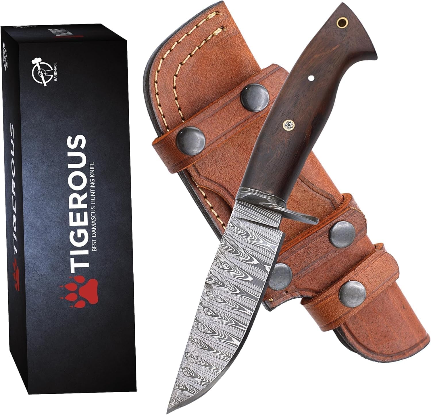 Handmade Damascus Hunting Knife with Scout Horizontal Carry Leather Sheath, Full Tang Fixed Blade for Camping, Hiking, Skinning (DEER HUNTER) (DEER HUNTER)