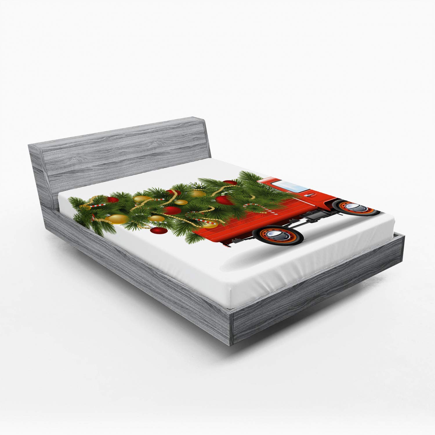 Ambesonne Christmas Fitted Sheet, Red Retro Style Farm Truck and Big Xmas Tree Tinsel Balls Candy Design, Soft Decorative Fabric Bedding All-Round Elastic Pocket, Full Size, White Red Green